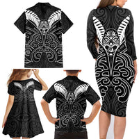 Kia Kaha Te Reo Maori Family Matching Long Sleeve Bodycon Dress and Hawaiian Shirt Aotearoa Hei Tiki With Hongi LT14 - Polynesian Pride