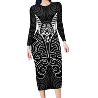 Kia Kaha Te Reo Maori Family Matching Long Sleeve Bodycon Dress and Hawaiian Shirt Aotearoa Hei Tiki With Hongi LT14 Mom's Dress Black - Polynesian Pride