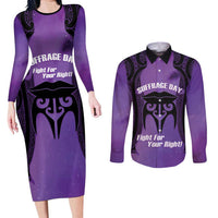 Personalised New Zealand Suffrage Day Couples Matching Long Sleeve Bodycon Dress and Long Sleeve Button Shirt Maori Tattoo Galaxy Vibe LT14 Purple - Polynesian Pride