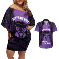 Personalised New Zealand Suffrage Day Couples Matching Off Shoulder Short Dress and Hawaiian Shirt Maori Tattoo Galaxy Vibe LT14 Purple - Polynesian Pride