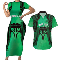 Personalised Moko Kauae New Zealand Couples Matching Short Sleeve Bodycon Dress and Hawaiian Shirt Maori Chin Tattoo Green LT14 Green - Polynesian Pride