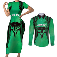Personalised Moko Kauae New Zealand Couples Matching Short Sleeve Bodycon Dress and Long Sleeve Button Shirt Maori Chin Tattoo Green LT14 Green - Polynesian Pride