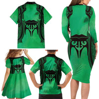 Personalised Moko Kauae New Zealand Family Matching Long Sleeve Bodycon Dress and Hawaiian Shirt Maori Chin Tattoo Green - Polynesian Pride