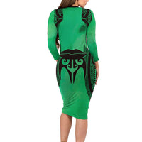 Personalised Moko Kauae New Zealand Family Matching Long Sleeve Bodycon Dress and Hawaiian Shirt Maori Chin Tattoo Green - Polynesian Pride