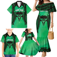 Personalised Moko Kauae New Zealand Family Matching Mermaid Dress and Hawaiian Shirt Maori Chin Tattoo Green - Polynesian Pride