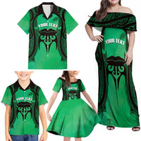 Personalised Moko Kauae New Zealand Family Matching Off Shoulder Maxi Dress and Hawaiian Shirt Maori Chin Tattoo Green - Polynesian Pride