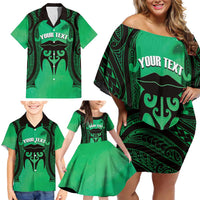 Personalised Moko Kauae New Zealand Family Matching Off Shoulder Short Dress and Hawaiian Shirt Maori Chin Tattoo Green - Polynesian Pride