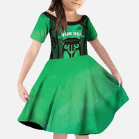 Personalised Moko Kauae New Zealand Family Matching Puletasi and Hawaiian Shirt Maori Chin Tattoo Green LT14 Daughter's Dress Green - Polynesian Pride