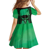 Personalised Moko Kauae New Zealand Kid Short Sleeve Dress Maori Chin Tattoo Green - Polynesian Pride