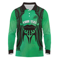 Personalised Moko Kauae New Zealand Long Sleeve Polo Shirt Maori Chin Tattoo Green - Polynesian Pride