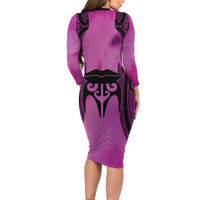 Personalised Moko Kauae New Zealand Long Sleeve Bodycon Dress Maori Chin Tattoo Pink - Polynesian Pride