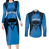 Personalised Moko Kauae New Zealand Couples Matching Long Sleeve Bodycon Dress and Long Sleeve Button Shirt Maori Chin Tattoo Blue LT14 Blue - Polynesian Pride