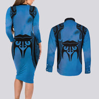 Personalised Moko Kauae New Zealand Couples Matching Long Sleeve Bodycon Dress and Long Sleeve Button Shirt Maori Chin Tattoo Blue LT14 - Polynesian Pride