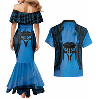 Personalised Moko Kauae New Zealand Couples Matching Mermaid Dress and Hawaiian Shirt Maori Chin Tattoo Blue LT14 - Polynesian Pride