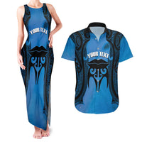 Personalised Moko Kauae New Zealand Couples Matching Tank Maxi Dress and Hawaiian Shirt Maori Chin Tattoo Blue LT14 Blue - Polynesian Pride