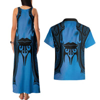 Personalised Moko Kauae New Zealand Couples Matching Tank Maxi Dress and Hawaiian Shirt Maori Chin Tattoo Blue LT14 - Polynesian Pride