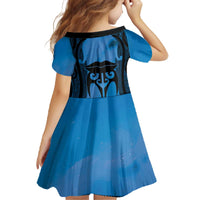 Personalised Moko Kauae New Zealand Family Matching Off The Shoulder Long Sleeve Dress and Hawaiian Shirt Maori Chin Tattoo Blue - Polynesian Pride