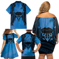 Personalised Moko Kauae New Zealand Family Matching Off Shoulder Short Dress and Hawaiian Shirt Maori Chin Tattoo Blue - Polynesian Pride