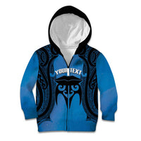 Personalised Moko Kauae New Zealand Kid Hoodie Maori Chin Tattoo Blue - Polynesian Pride