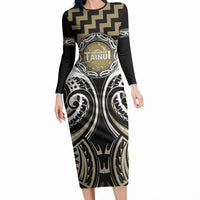 Aotearoa Waikato Tainui Personalised Long Sleeve Bodycon Dress Maori Iwi Poutama Puhoro Tattoo LT14 Long Dress Old Yellow - Polynesian Pride