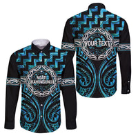 Aotearoa Ngati Kahungunu Personalised Family Matching Off Shoulder Short Dress and Hawaiian Shirt Maori Iwi Poutama Puhoro Tattoo LT14 Dad's Shirt - Long Sleeve Turquoise - Polynesian Pride