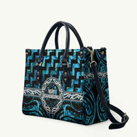Aotearoa Ngati Kahungunu Leather Bag Maori Iwi Poutama Puhoro Tattoo LT14 Turquoise - Polynesian Pride