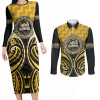 Aotearoa Ngati Whatua Personalised Couples Matching Long Sleeve Bodycon Dress and Long Sleeve Button Shirt Maori Iwi Poutama Puhoro Tattoo LT14 Yellow - Polynesian Pride