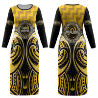 Aotearoa Ngati Whatua Personalised Couples Matching Long Sleeve Bodycon Dress and Long Sleeve Button Shirt Maori Iwi Poutama Puhoro Tattoo LT14 - Polynesian Pride