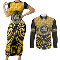 Aotearoa Ngati Whatua Personalised Couples Matching Short Sleeve Bodycon Dress and Long Sleeve Button Shirt Maori Iwi Poutama Puhoro Tattoo LT14 Yellow - Polynesian Pride