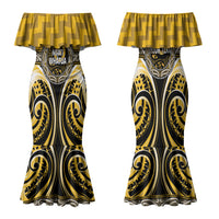 Aotearoa Ngati Whatua Personalised Family Matching Mermaid Dress and Hawaiian Shirt Maori Iwi Poutama Puhoro Tattoo LT14 Mom's Dress Yellow - Polynesian Pride