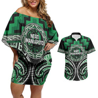 Aotearoa Ngati Maniapoto Personalised Couples Matching Off Shoulder Short Dress and Hawaiian Shirt Maori Iwi Poutama Puhoro Tattoo LT14 Green - Polynesian Pride