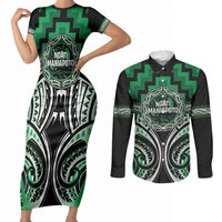 Aotearoa Ngati Maniapoto Personalised Couples Matching Short Sleeve Bodycon Dress and Long Sleeve Button Shirt Maori Iwi Poutama Puhoro Tattoo LT14 Green - Polynesian Pride