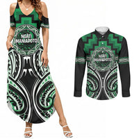 Aotearoa Ngati Maniapoto Personalised Couples Matching Summer Maxi Dress and Long Sleeve Button Shirt Maori Iwi Poutama Puhoro Tattoo LT14 Green - Polynesian Pride