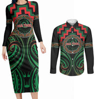 Aotearoa Ngai Tuhoe Personalised Couples Matching Long Sleeve Bodycon Dress and Long Sleeve Button Shirt Maori Iwi Poutama Puhoro Tattoo LT14 Green - Polynesian Pride