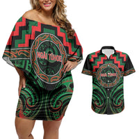 Aotearoa Ngai Tuhoe Personalised Couples Matching Off Shoulder Short Dress and Hawaiian Shirt Maori Iwi Poutama Puhoro Tattoo LT14 Green - Polynesian Pride
