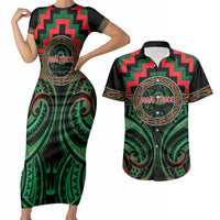 Aotearoa Ngai Tuhoe Personalised Couples Matching Short Sleeve Bodycon Dress and Hawaiian Shirt Maori Iwi Poutama Puhoro Tattoo LT14 Green - Polynesian Pride
