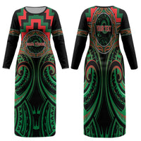 Aotearoa Ngai Tuhoe Personalised Family Matching Long Sleeve Bodycon Dress and Hawaiian Shirt Maori Iwi Poutama Puhoro Tattoo LT14 Mom's Dress Green - Polynesian Pride