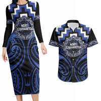 Aotearoa Ngati Tuwharetoa Personalised Couples Matching Long Sleeve Bodycon Dress and Hawaiian Shirt Maori Iwi Poutama Puhoro Tattoo LT14 Blue - Polynesian Pride