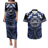 Aotearoa Ngati Tuwharetoa Personalised Couples Matching Puletasi and Hawaiian Shirt Maori Iwi Poutama Puhoro Tattoo LT14 Blue - Polynesian Pride