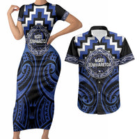 Aotearoa Ngati Tuwharetoa Personalised Couples Matching Short Sleeve Bodycon Dress and Hawaiian Shirt Maori Iwi Poutama Puhoro Tattoo LT14 Blue - Polynesian Pride