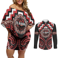 Aotearoa Te Arawa Personalised Couples Matching Off Shoulder Short Dress and Long Sleeve Button Shirt Maori Iwi Poutama Puhoro Tattoo LT14 Red - Polynesian Pride