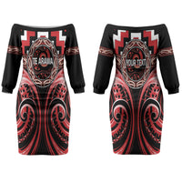 Aotearoa Te Arawa Personalised Couples Matching Off The Shoulder Long Sleeve Dress and Hawaiian Shirt Maori Iwi Poutama Puhoro Tattoo LT14 - Polynesian Pride