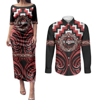 Aotearoa Te Arawa Personalised Couples Matching Puletasi and Long Sleeve Button Shirt Maori Iwi Poutama Puhoro Tattoo LT14 Red - Polynesian Pride