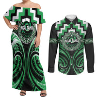 Aotearoa Ngai Tahu Personalised Couples Matching Off Shoulder Maxi Dress and Long Sleeve Button Shirt Maori Iwi Poutama Puhoro Tattoo LT14 Green - Polynesian Pride