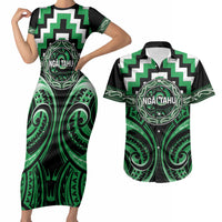 Aotearoa Ngai Tahu Personalised Couples Matching Short Sleeve Bodycon Dress and Hawaiian Shirt Maori Iwi Poutama Puhoro Tattoo LT14 Green - Polynesian Pride