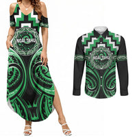 Aotearoa Ngai Tahu Personalised Couples Matching Summer Maxi Dress and Long Sleeve Button Shirt Maori Iwi Poutama Puhoro Tattoo LT14 Green - Polynesian Pride