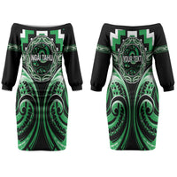 Aotearoa Ngai Tahu Personalised Family Matching Off The Shoulder Long Sleeve Dress and Hawaiian Shirt Maori Iwi Poutama Puhoro Tattoo LT14 Mom's Dress Green - Polynesian Pride