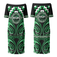 Aotearoa Ngai Tahu Personalised Family Matching Puletasi and Hawaiian Shirt Maori Iwi Poutama Puhoro Tattoo LT14 Mom's Dress Green - Polynesian Pride