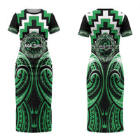 Aotearoa Ngai Tahu Personalised Family Matching Short Sleeve Bodycon Dress and Hawaiian Shirt Maori Iwi Poutama Puhoro Tattoo LT14 Mom's Dress Green - Polynesian Pride