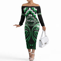 Aotearoa Ngai Tahu Personalised Off The Shoulder Long Sleeve Dress Maori Iwi Poutama Puhoro Tattoo LT14 Women Green - Polynesian Pride